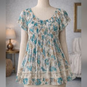 FP One by Free People Flowy FLORAL BOHO Top with Crochet Detail